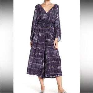 Dual nature tie dye print smocked waist boho flowy wide leg open back jumpsuit